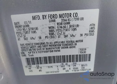 2011 Ford F-150 Xlt from USA, damaged, VIN 1FTFX1EF6BFB81856